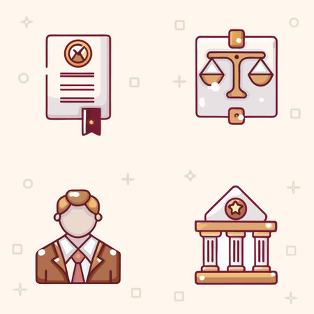 Four law and justice icons represent legal concepts in a cartoon style.のイラスト素材