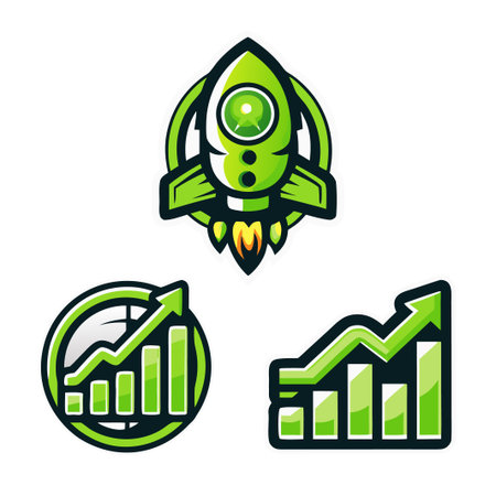 Set of green business growth icons showing a rocket and rising bar graphs.のイラスト素材