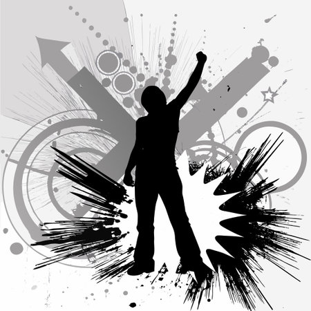 Silhouette figure with a raised fist stands amidst dynamic graphic elements.のイラスト素材
