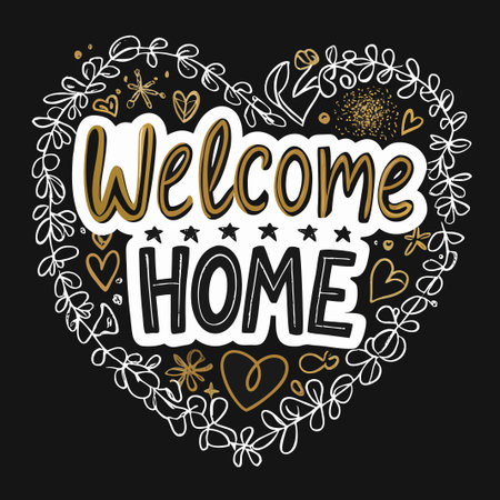 Welcome home lettering in golden and white on black backdrop, heart shape.