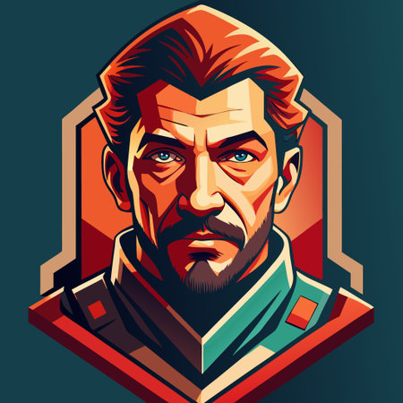 Stylized portrait illustration of a serious man with geometric shapes design.のイラスト素材