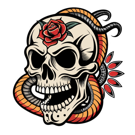 Stylized skull with a snake and a red rose in an illustrative flat style.のイラスト素材