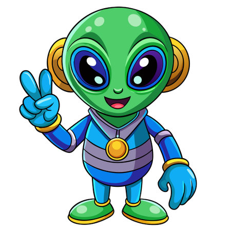 Cartoon alien making peace sign with cheerful expression and space suit.のイラスト素材