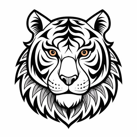 Detailed illustration of a tiger head with intricate black and white stripes.のイラスト素材