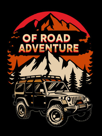 Off-road vehicle depicted within a mountainous landscape in a vintage style.のイラスト素材