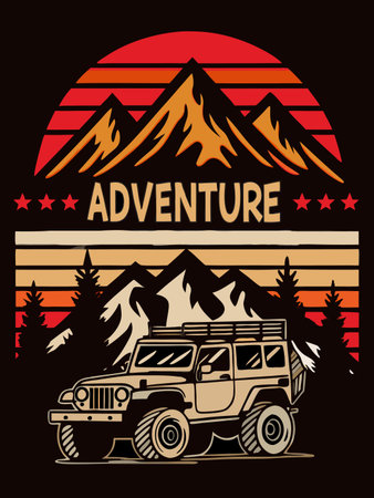Off-road vehicle embarks on an outdoor adventure with mountain backdrop art.のイラスト素材