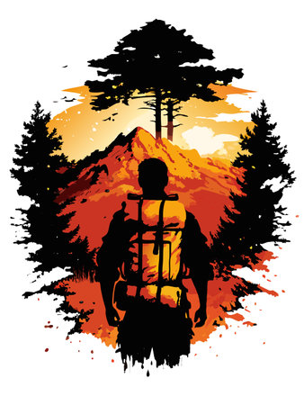 A lone hiker stands before a mountain landscape bathed in warm sunset colors.のイラスト素材