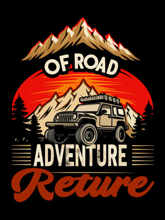 Stylized off-road vehicle graphic driving through majestic mountain landscape.のイラスト素材