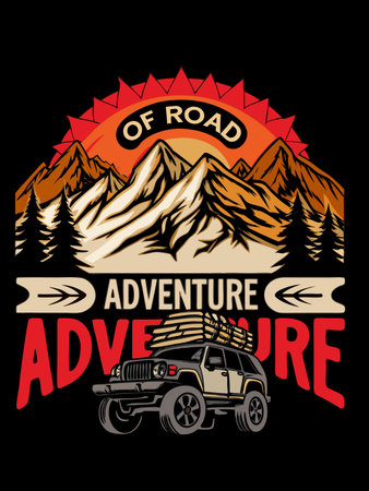 Off road adventure illustration features an SUV against mountain backdrop.のイラスト素材