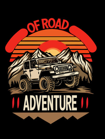 Vector illustration features a vintage off-road vehicle in mountain landscape.のイラスト素材