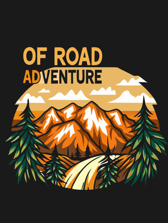 A scenic landscape with mountains, trees, and a road for outdoor adventure.のイラスト素材