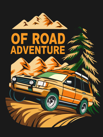 Off-road vehicle climbs a rugged trail amidst mountains and a tall conifer tree.のイラスト素材