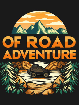 Off-road vehicle navigates a scenic river with mountains at sunset sceneのイラスト素材