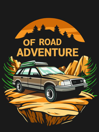 Off-road vehicle explores a mountain landscape at sunset, stylized art.のイラスト素材