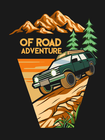 Illustration depicts green SUV traversing a rugged off-road mountain terrain.のイラスト素材