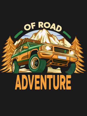 Illustrative off-road vehicle ready for adventure in stylized mountain landscapeのイラスト素材
