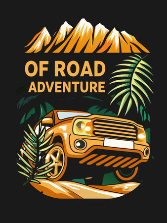 Off-road vehicle ascends a sandy dune with mountains in the background.のイラスト素材