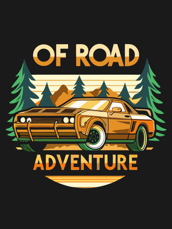 Illustrated off-road car design with forest trees for outdoor adventure theme.のイラスト素材