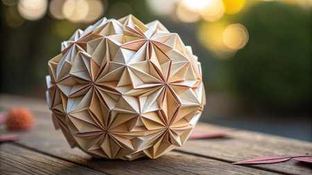 Intricate origami sphere exhibits textured beauty and geometric precision artの素材