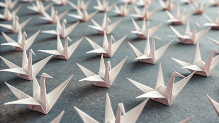 Arrangement of origami paper cranes conveys serenity and quiet contemplation.の素材