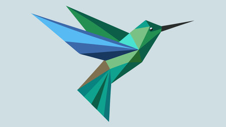 Geometric hummingbird soars upward, wings spread in shades of blue and green.