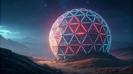 A futuristic dome glows in the night landscape, showcasing geometric structure.の素材