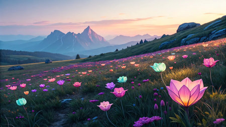 Luminous flowers bloom across a mountain meadow at sunrise, evoking tranquility.の素材
