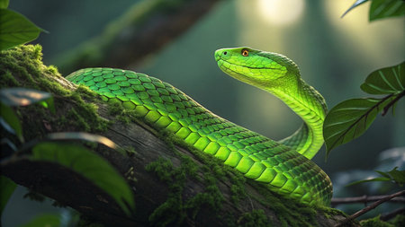 Vibrant green snake rests on a mossy branch in a lush, verdant forest setting.の素材