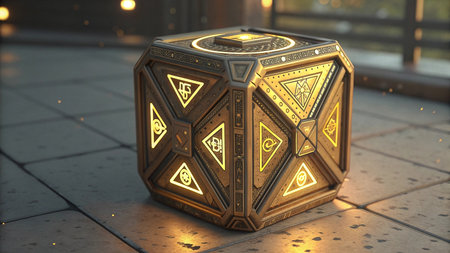 Glowing cube with intricate geometric patterns and neon lights on tiled surface.の素材