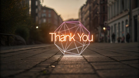 Glowing 'Thank You' sign on city street at duskの素材