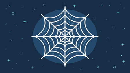 A whimsical white spiderweb sits against a deep blue starry night sky scene.
