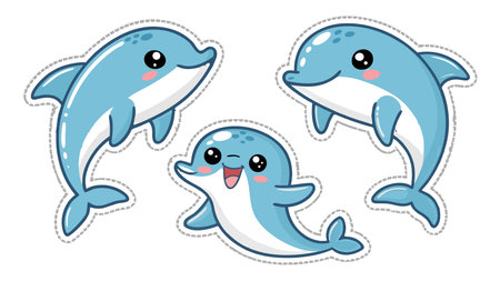 Three adorable blue dolphins are playfully smiling and seem very joyous.のイラスト素材