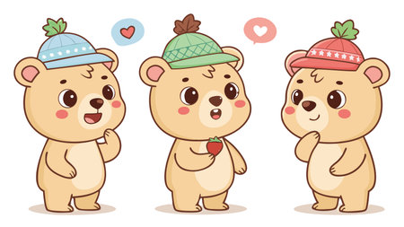 Three adorable cartoon bear cubs in hats share loving thoughts and a treat.のイラスト素材