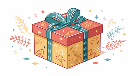 Stylized illustration showcases a charming gift box with ribbon and sparkles.のイラスト素材