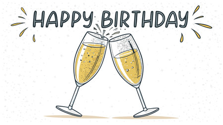 Festive birthday greeting with two champagne flutes clinking together joyfully.のイラスト素材