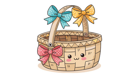 A cute cartoon basket with bows and a face expresses a happy, joyful mood.のイラスト素材