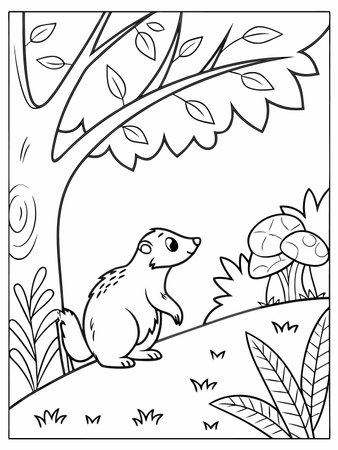 A friendly hippo smiles within a playful, outlined forest coloring book scene.のイラスト素材