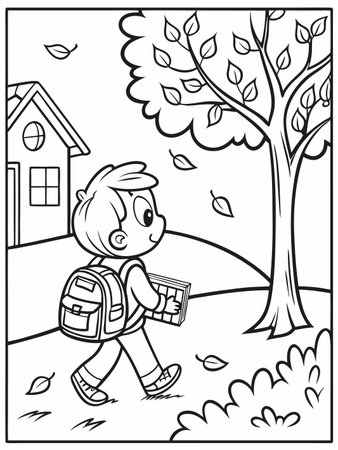 Smiling boy with backpack walks happily to school through an autumn landscapeのイラスト素材
