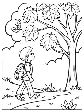 Line art of a boy with backpack walking under a tree with leaves overhead.のイラスト素材