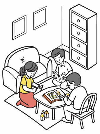 Three people are reading in a living room in a line art style illustration.のイラスト素材