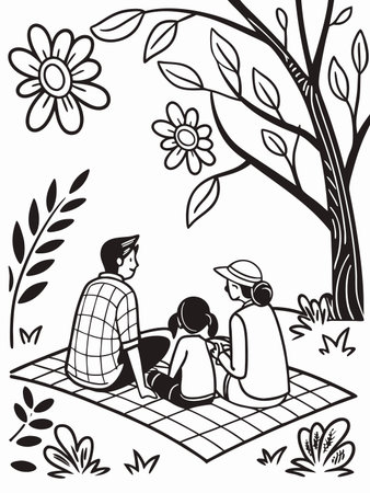 A family enjoys a picnic together under a shady tree in a line art drawing.のイラスト素材