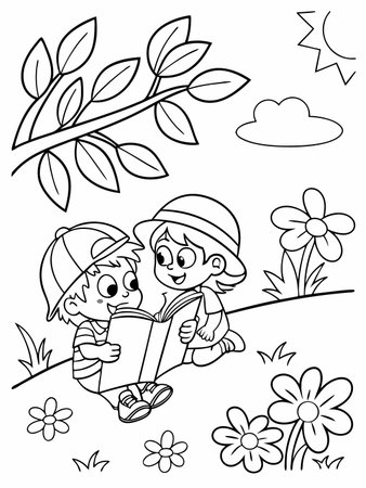 Two smiling children are reading a book together in nature's beauty.のイラスト素材