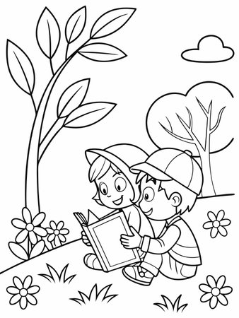 Two children, a boy and a girl, are reading a book outside with trees around.のイラスト素材