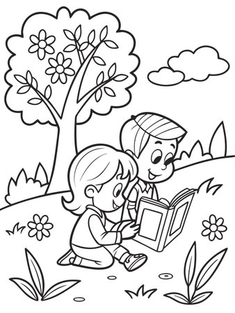 Smiling children reading a book together outdoors, enjoying an afternoon story.のイラスト素材