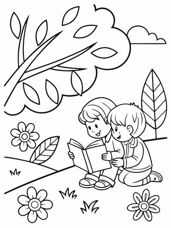 Two children are reading a book together outside on a sunny day in nature.のイラスト素材