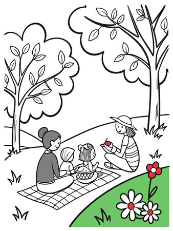 Family enjoys an outdoor picnic under the trees, depicted in a simple line art.のイラスト素材