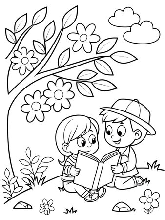 Two children are happily reading a book together under a blooming tree.のイラスト素材