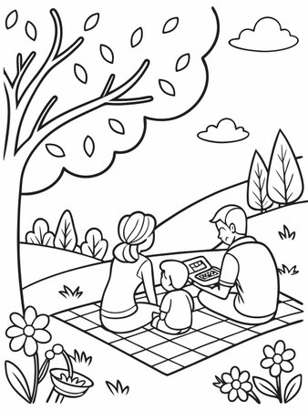 Line art depicts a family enjoying quality time outdoors during a picnic day.のイラスト素材