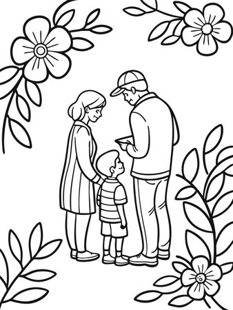 Family together looks at book in an artistic illustration with floral frameのイラスト素材