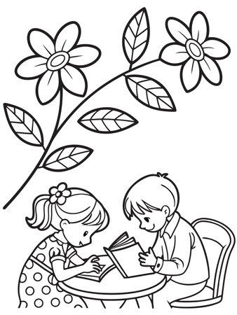Two young children diligently read together at a table under a flower branch.のイラスト素材
